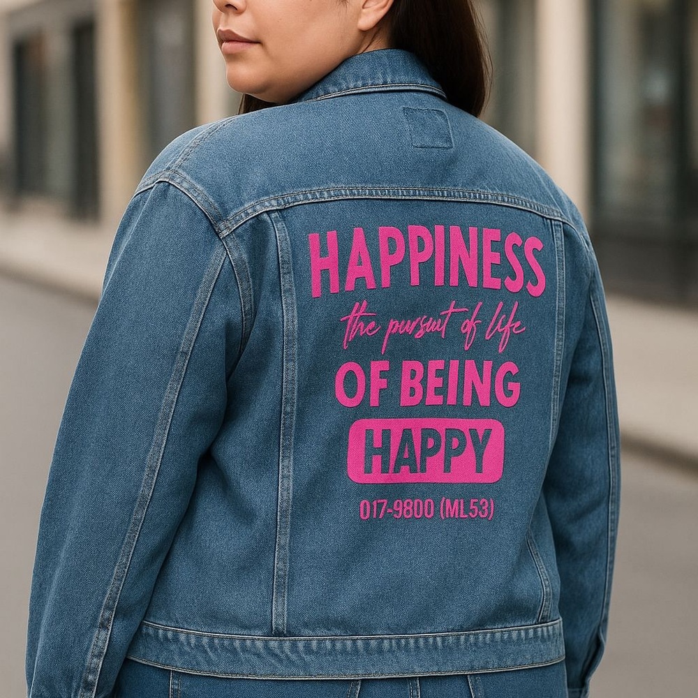 Andrea Oversized Denim Jacket Women’s Size M (Fits Like L) Happiness Print